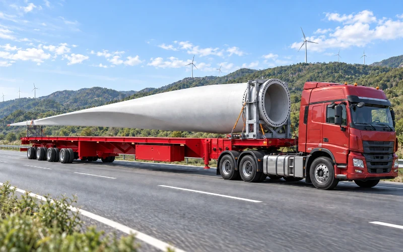 Red truck hauling a white wind turbine blade on a multi-axle extendable wind blade truck trailer along a mountain highway, with wind turbines in the background Red truck hauling a white wind turbine blade on a multi-axle extendable wind blade truck trailer along a mountain highway, with wind turbines in the background