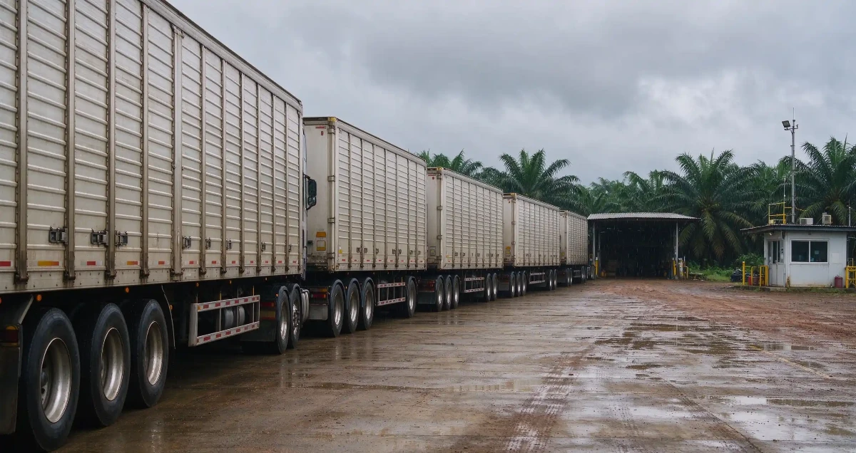 Fleet of side wall semi trailers deployed at palm oil estate central loading station Fleet of side wall semi trailers deployed at palm oil estate central loading station